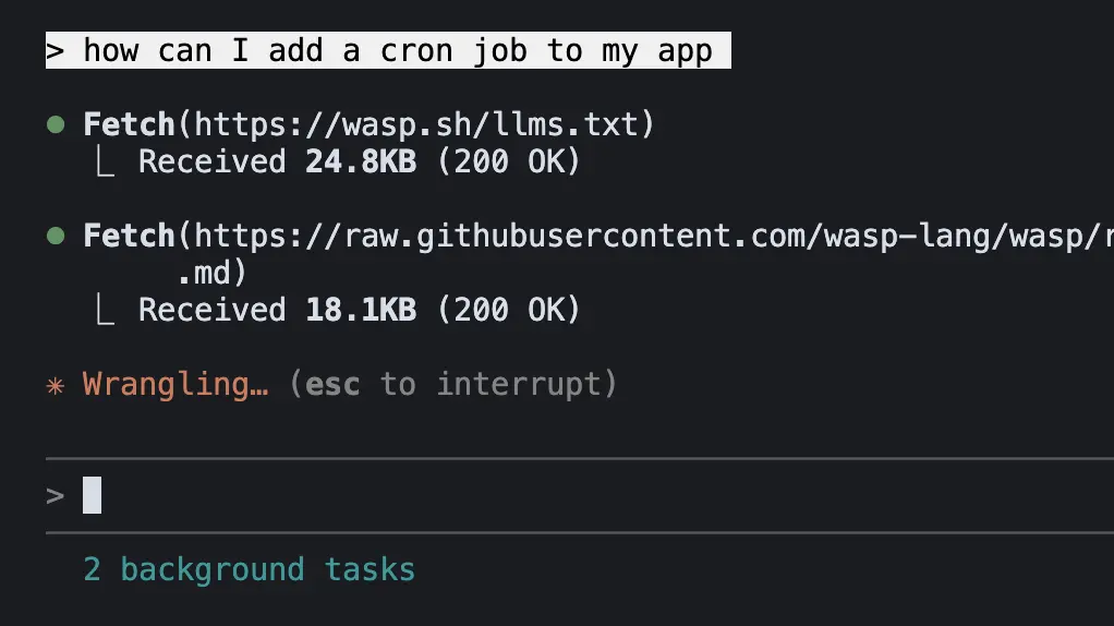 Claude Code fetching Wasp documentation